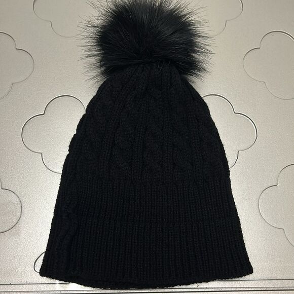 Women’s Black Twisted Beanie Hat With Pom Poms, Knit Winter Hat - Picture 6 of 6